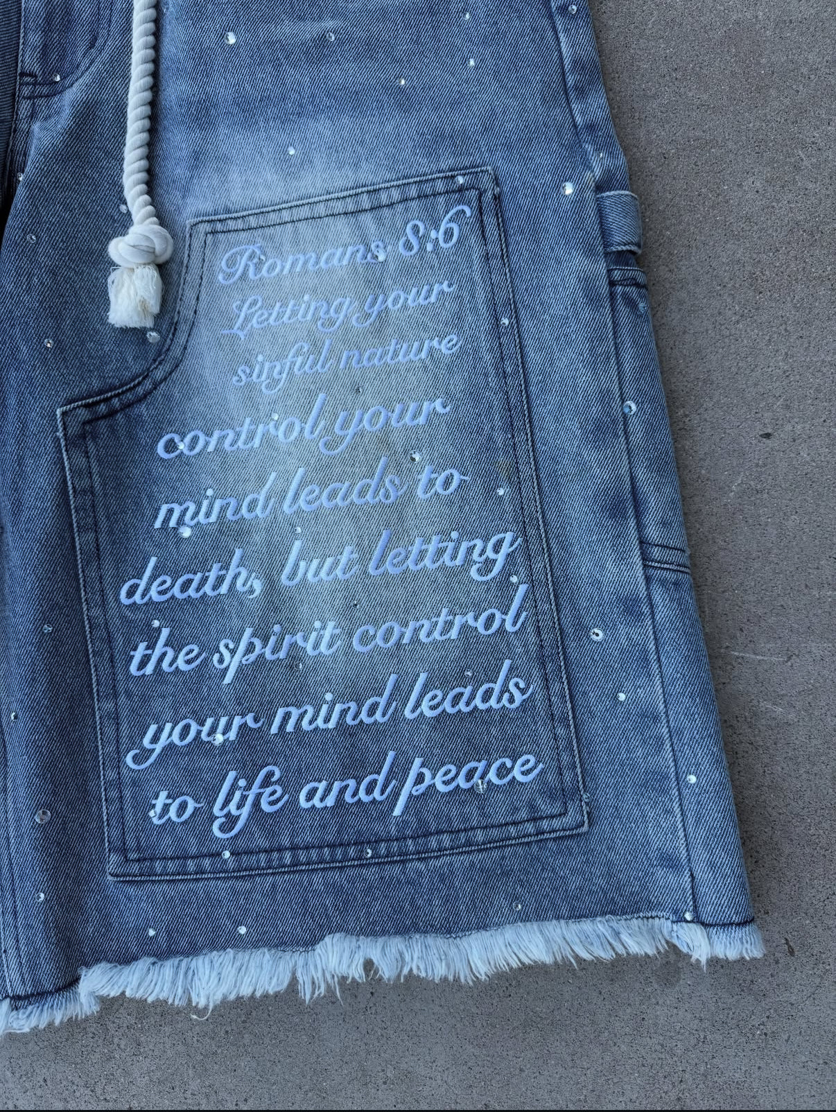 "mind of peace" denim shorts