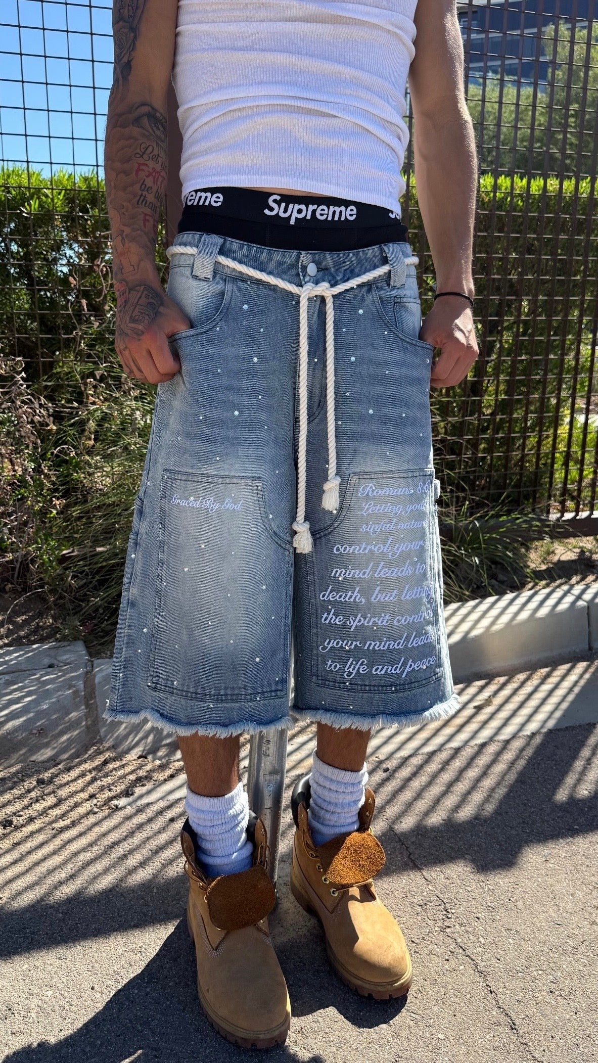 "mind of peace" denim shorts