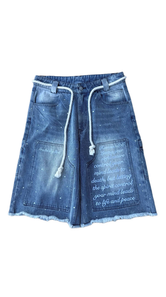 "mind of peace" denim shorts