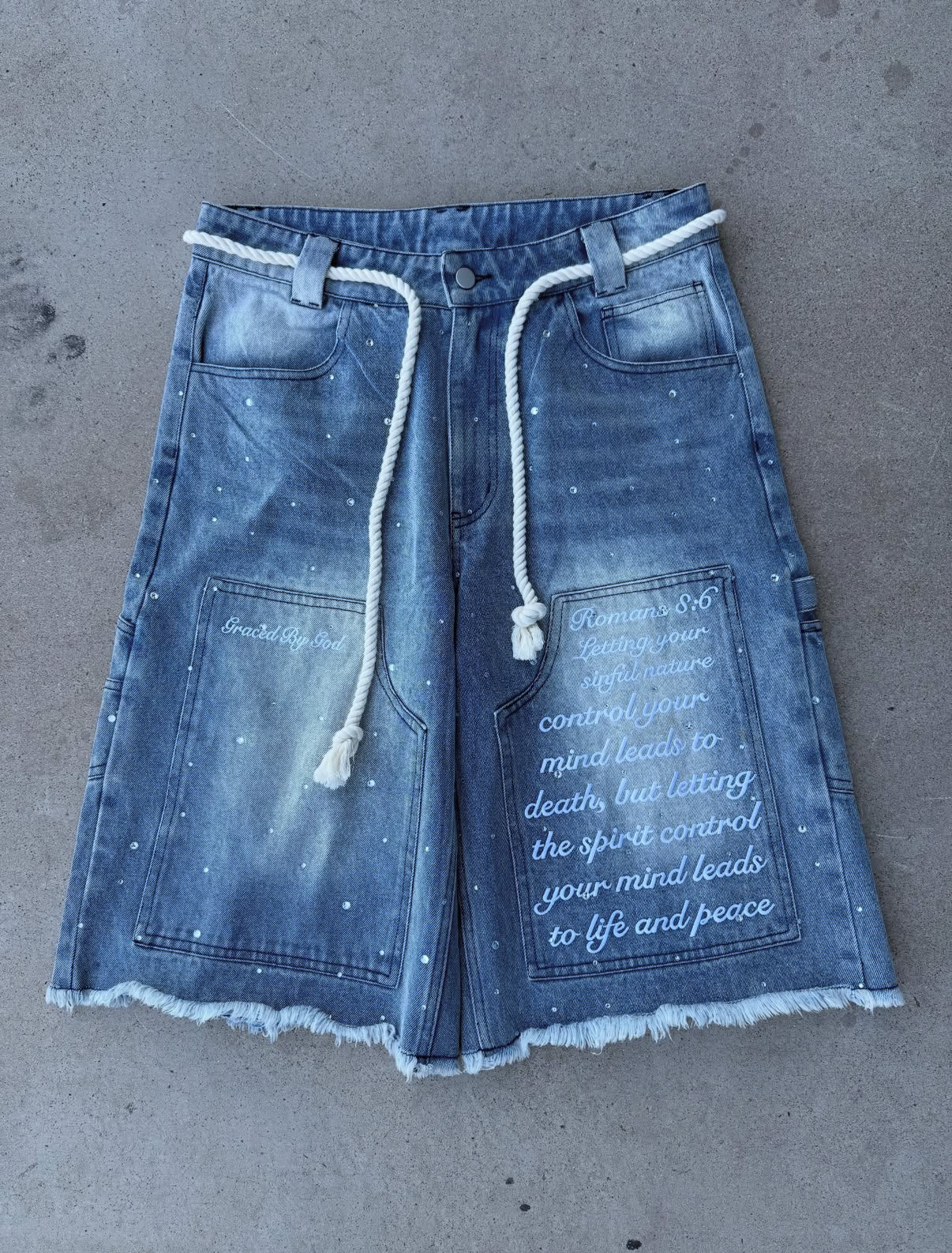 "mind of peace" denim shorts