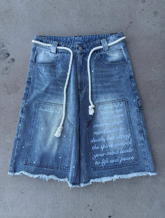 "mind of peace" denim shorts